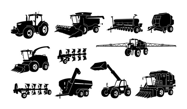 Collection of farm equipment silhouettes showing tractor combine seeder baler forage harvester plow grain cart telehandler and harvester