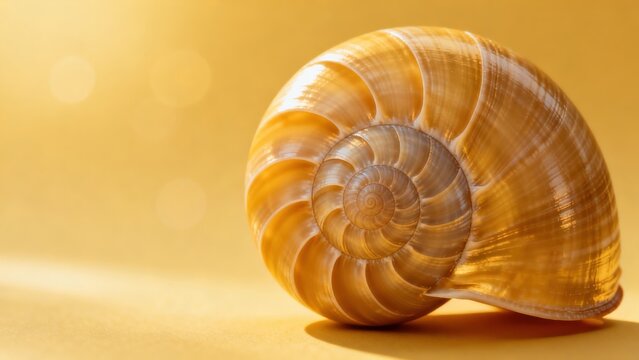 Golden spiral shell on yellow background