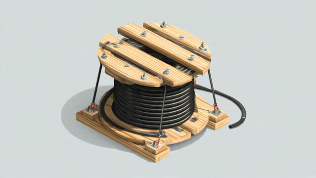 Coiled black electrical cable on wooden spool with vintage design for industrial use