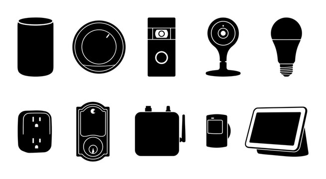 Collection of smart home device silhouettes featuring speaker thermostat doorbell security camera light bulb outlet smart lock router plug and tablet hub