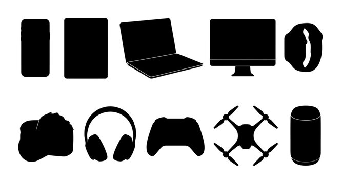 Collection of tech device silhouettes showing phone tablet laptop monitor headphones camera gamepad drone smart speaker and wearable watch