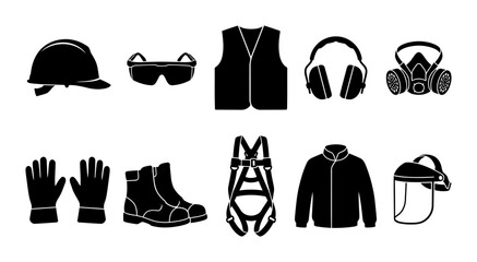 Naklejka premium Collection of safety equipment silhouettes featuring hard hat safety glasses vest earmuffs respirator gloves boots harness jacket and face shield