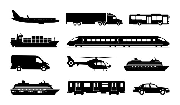 Collection of public and cargo transport silhouettes showing airplane truck bus cargo ship train van helicopter cruise ship metro and car