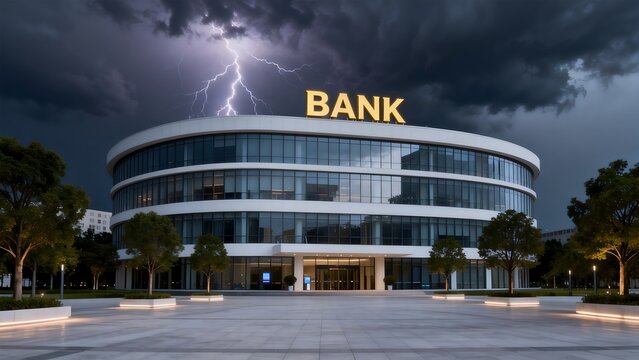 Modern bank building under stormy sky