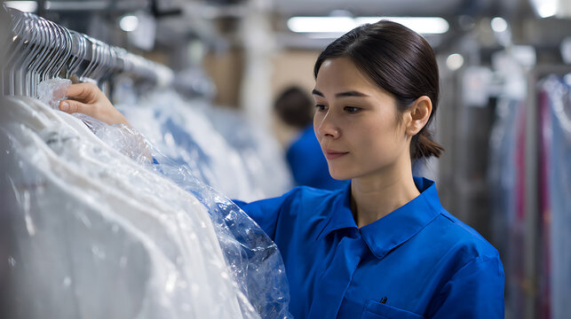Diligent young woman in blue uniform works at a bustling dry cleaner or laundry facility, organize clean clothing on racks, professional atmosphere