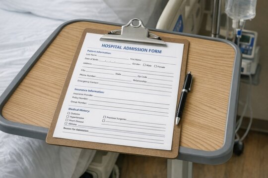 A hospital admission form on a hospital bed, suitable for healthcare and medical settings