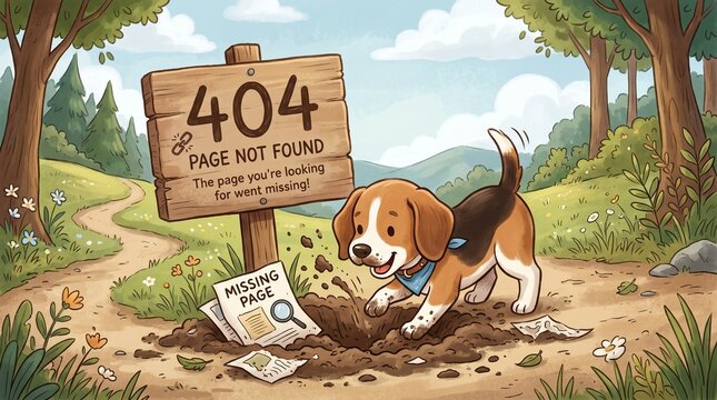 Cute Dog Digging for Missing Page Concept with Funny 404 Error Sign in Sunny Park Illustrating Search Failure and Lost Content