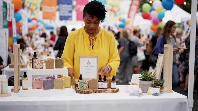 A woman in a yellow shirt is arranging products on a table at an outdoor market video