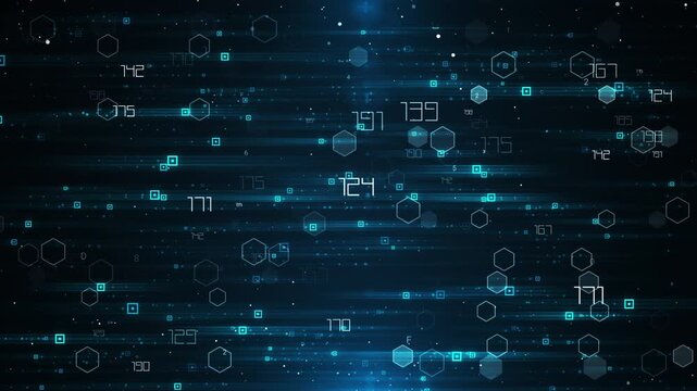 Abstract Digital Background with Floating Numbers and Technology Symbols.