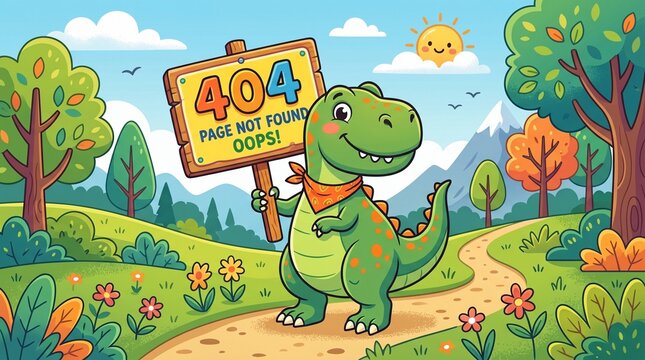 Cute Cartoon Dinosaur Holding 404 Page Not Found Sign in Sunny Nature Landscape Fun Web Error Illustration for Children and Digital Projects