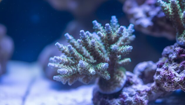 Vibrant acropora coral growing inside a saltwater marine tank reef aquarium, showcasing aquatic biodiversity for environmental conservation concept