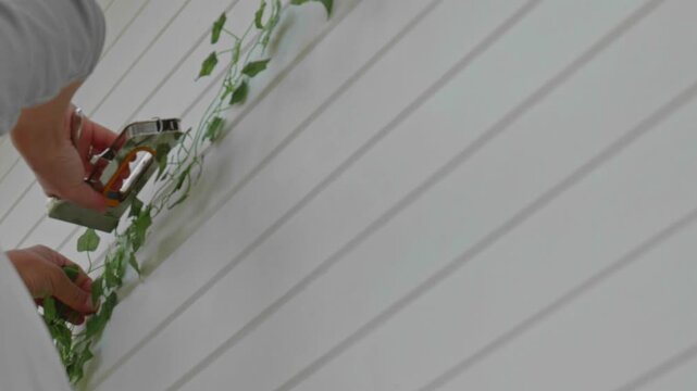 Stapling Artificial Ivy Vines onto White Wooden Exterior Surface
