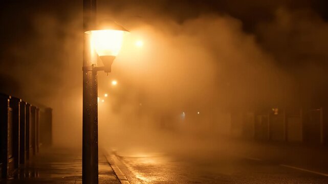 Foggy street at night with lamppost.