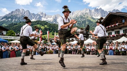 Obraz premium Traditional Austrian Schuhplattler Dancers Performing Authentic Alpine Folk Culture Dance Routines on Outdoor Mountain Stage