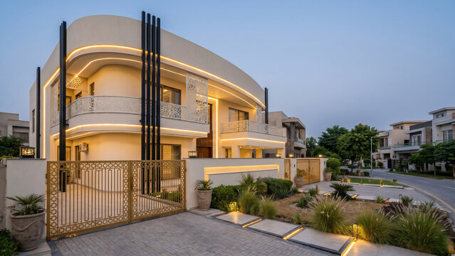 A contemporary dream home featuring a dramatic rounded front facade, intricate white decorative balcony panels, bold black vertical columns, cream-colored walls, ambient exterior lighting, elegant gol