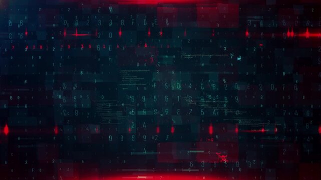 Abstract digital glitch background with dark blue and red light effects.