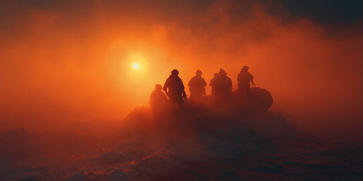 Soldiers braving harsh conditions arctic landscape action scene dramatic environment silhouette viewpoint survival concept