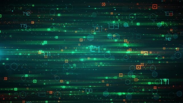 Abstract Digital Glitch Background with Glowing Data Streams and Cybernetic Effects.