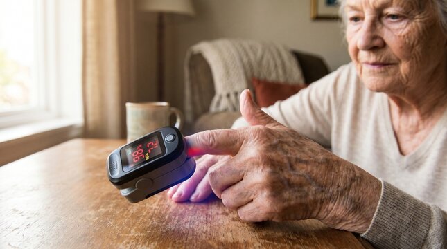 Senior Woman Using Pulse Oximeter to Monitor Blood Oxygen Level at Home