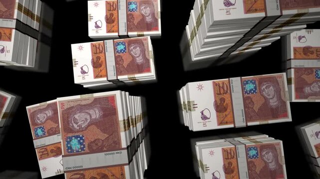 North Macedonia denars money notes packs loop. 3D flight over 1000 MKD banknotes stacks towers. Loopable seamless abstract background concept of business, economy crisis and finance.
