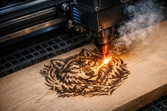 A close-up shot of a laser machine cutting a wooden design featuring a wolf