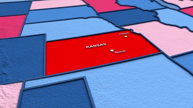 Looped 3D election map animation of the United States zooming into Kansas state, featuring red, blue, purple and green political outcome variations.