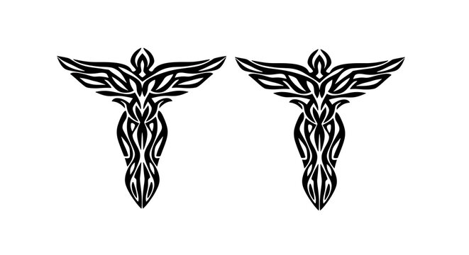 Black and white of stylized butterfly wings with intricate patterns