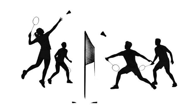 Badminton players in action on a court