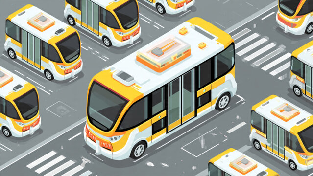 Electric autonomous shuttle buses in yellow and white fleet on city street during daytime