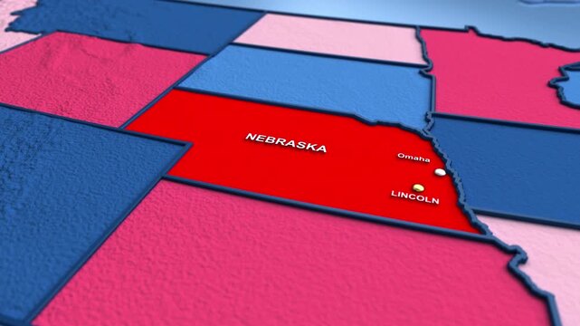 Looped 3D election map animation of the United States zooming into Nebraska state, featuring red, blue, purple and green political outcome variations.