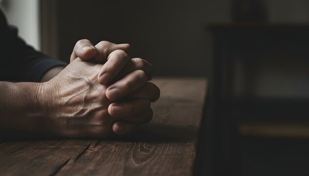 Close up of a mourner with clasped prayer hands resting on a dark wooden table, symbolizing hope, grief, faith, and spiritual healing in a deep contemplation concept