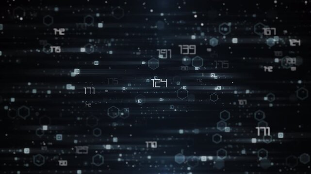 Abstract digital technology background with moving numbers and floating data particles.