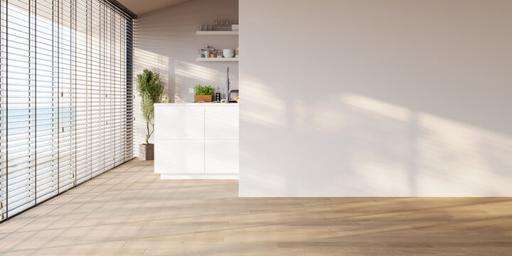 Modern apartment interior with blank white wall, kitchen and window blinds
