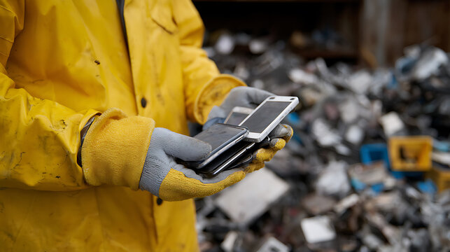 Person in protective gear holds old, broken mobile phones for electronic waste recycling against a blurred backdrop of discarded electronics