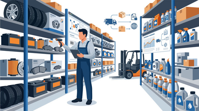 Mechanic checks inventory in auto parts warehouse with forklift