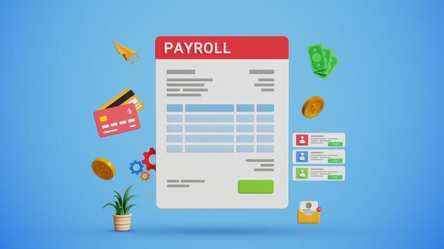 AI Payroll System. Salary Data, Payroll Cycle, Budgeting Graphs, Salary Slip. Digital Finance Management Concept. Payroll, Salary Slip. 4K 3D Video Animation