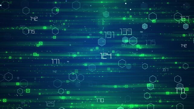 Digital abstract background with streaming data and geometric shapes.