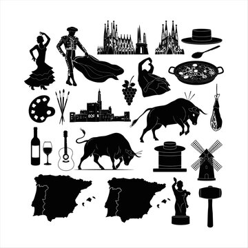 Spanish Culture Icons Silhouette Set