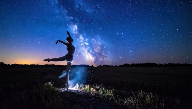 Ballet Dancer Silhouetted Against The Milky Way Galaxy.