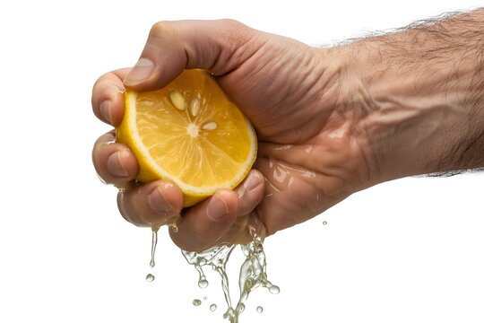 Hand squeezing fresh lemon slice to extract juice on white background with squeezing