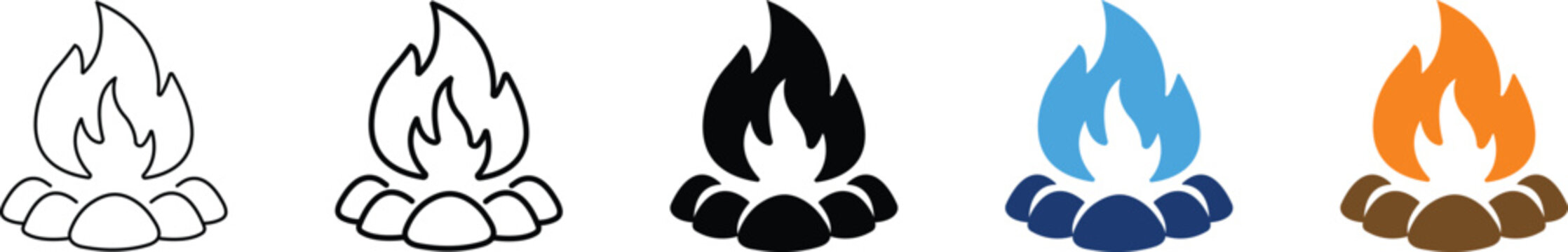 Set of Bonfire with stones icon. Campfire and outdoor fire symbol. Burning wood, flame and heat sign. Fire pit and camping concept representing warm bonfire and open flame.