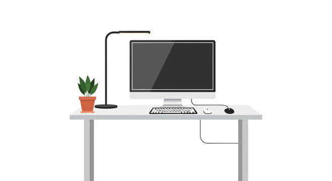 Modern minimalist desk setup with computer, lamp, plant, and mouse on white background