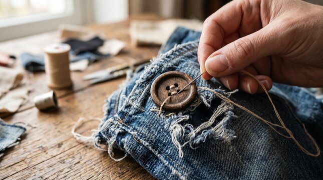 Close-up of a person sewing a button onto ripped denim fabric, with sewing supplies scattered around