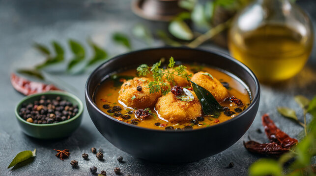 Delicious south indian rasam vada served in a black bowl with spices