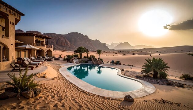 A serene desert oasis with a kidney-shaped pool surrounded by sandy dunes and palm trees