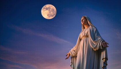 Obraz premium Statue in Contemplation Under the Moonlight, A Symbol of Faith and Hope