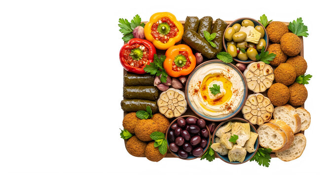Middle Eastern food spread with hummus olives peppers dolmas falafel and bread transparent background