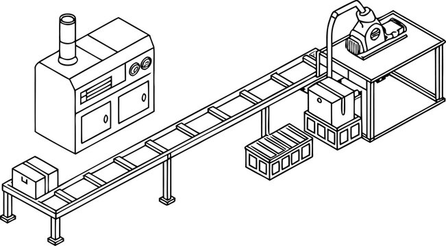 Isometric factory assembly line with conveyor belt and packaging machinery