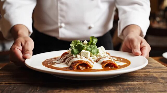 Skilled chef expertly presents a mouthwatering plate of authentic enchiladas, generously drizzled with creamy sauce and fresh cilantro, ready to be savored and enjoyed by delighted diners