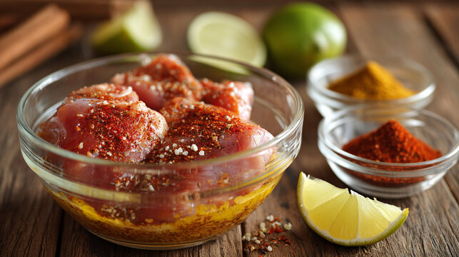 Raw chicken pieces marinated with spices and lime in a glass bowl